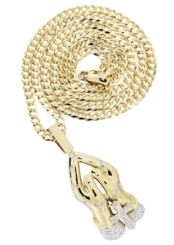 10K Yellow Gold Praying Hands Diamond Necklace  | 0.73 Carats