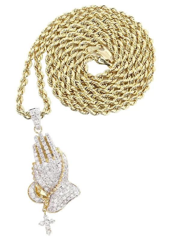 10K Yellow Gold Praying Hands Diamond Necklace  | 5 Carats