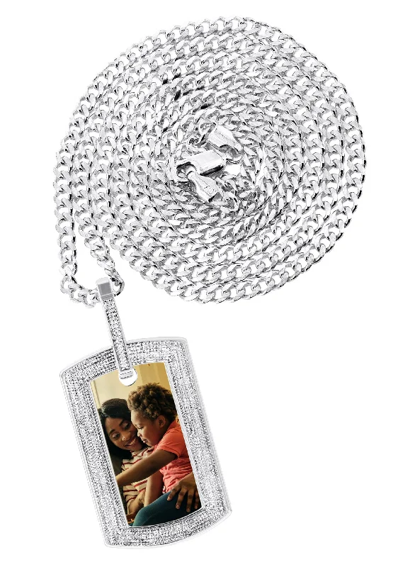 10K White Gold Diamond Dog Tag Picture Pendant Necklace | Appx. 24 Grams