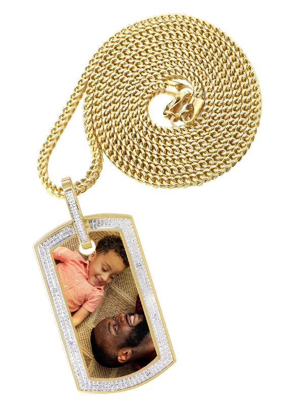 10K Yellow Gold Diamond Dog Tag Picture Pendant Necklace | Appx. 27 Grams