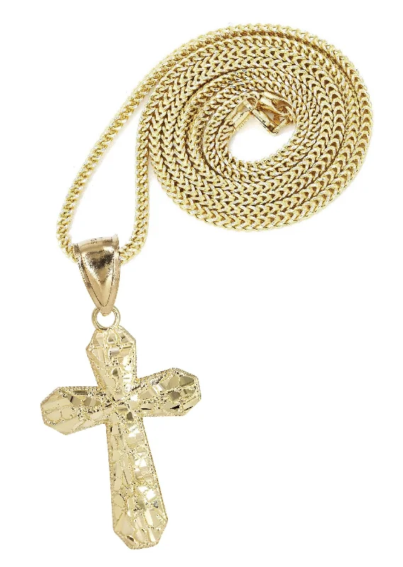 10K Yellow Gold & Nugget Cross Necklace | Appx. 12.7 Grams