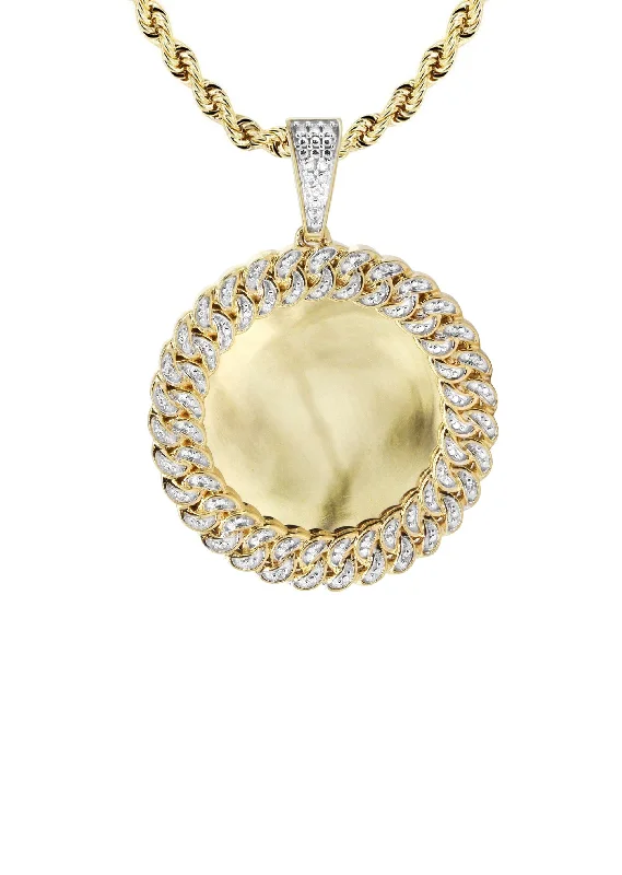 10k-yellow-gold-large-diamond-round-cuban-picture-pendant-cuban-chain-appx-18-grams