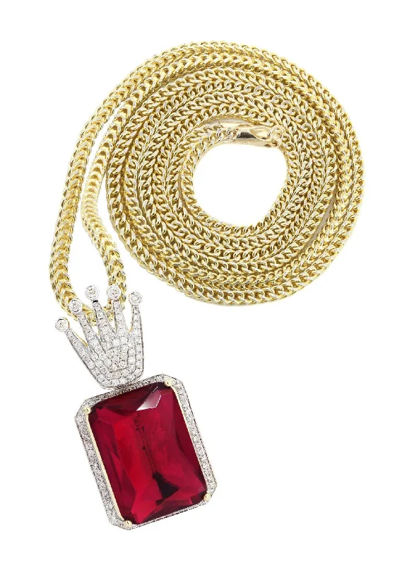 14K Yellow Gold Ruby Crown Diamond Necklace  | 1.14K Carats