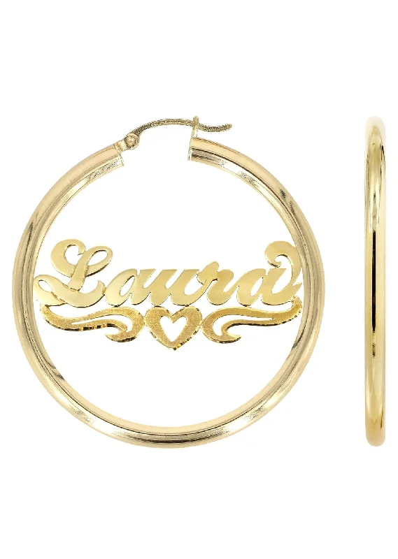 14K Ladies Diamond Cut Heart Name Plate Hoop Earrings