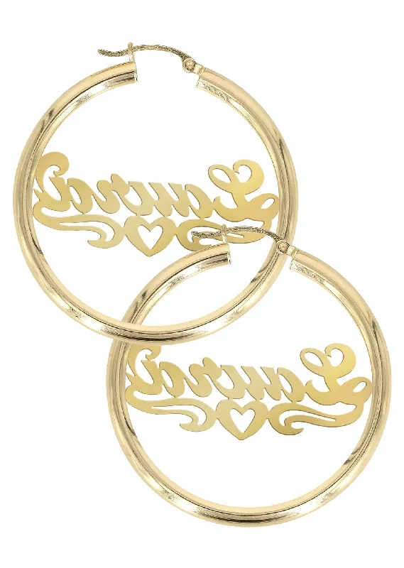 14k-ladies-diamond-cut-heart-name-plate-hoop-earrings-3