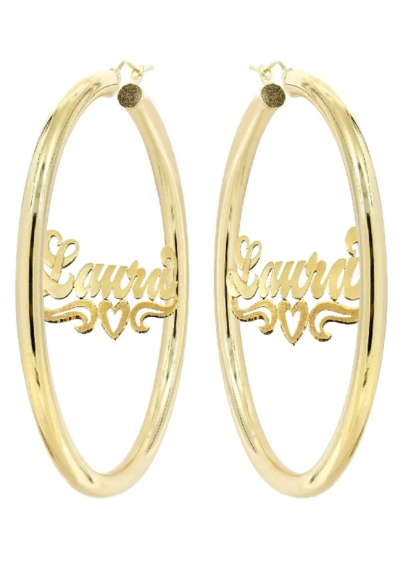 14k-ladies-diamond-cut-heart-name-plate-hoop-earrings-3