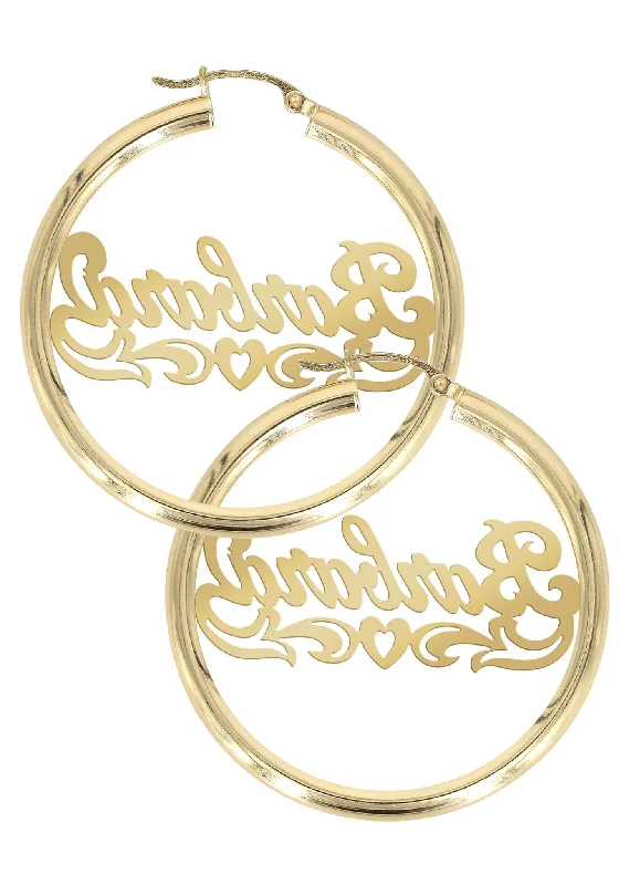 14k-ladies-diamond-cut-heart-name-plate-hoop-earrings-4