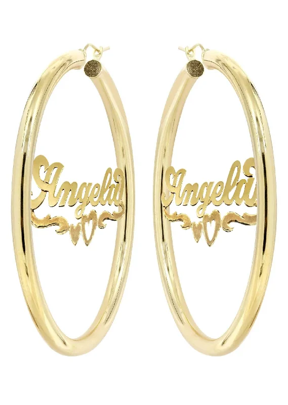 14k-ladies-diamond-cut-heart-name-plate-hoop-earrings-5