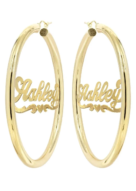 14k-ladies-diamond-cut-heart-name-plate-hoop-earrings