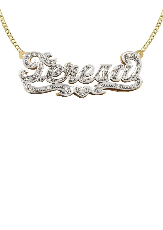 14K Gold  Diamond Cut with Diamonds Name Plate Necklace | Appx. 10.4 Grams