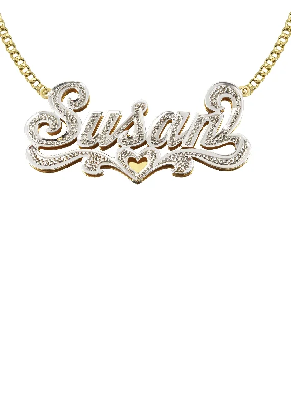 14K Gold  Diamond Cut with Diamonds Name Plate Necklace | Appx. 7.1 Grams