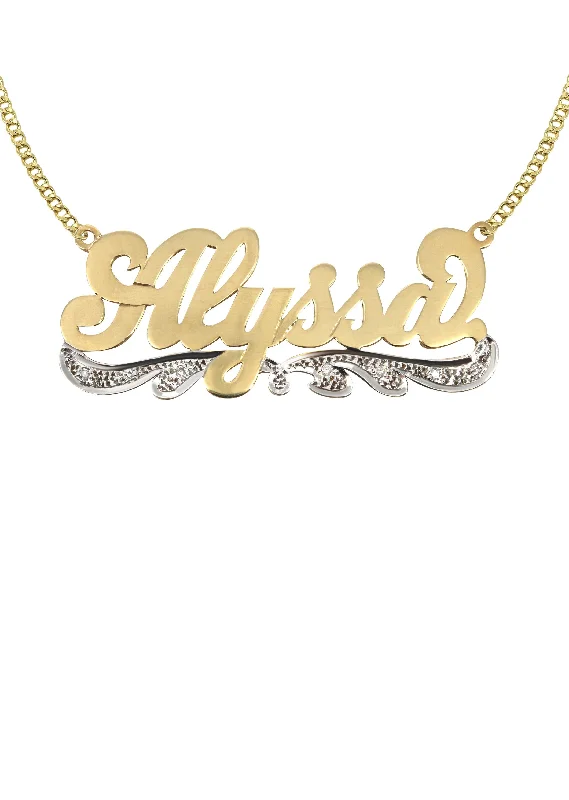 14K Gold  Plain & Diamond Cut with Diamonds Name Plate Necklace | Appx. 8.3 Grams