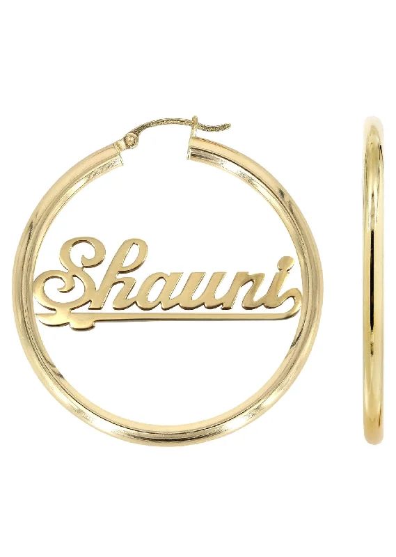 14K Ladies Plain Gold Name Plate Hoop Earrings