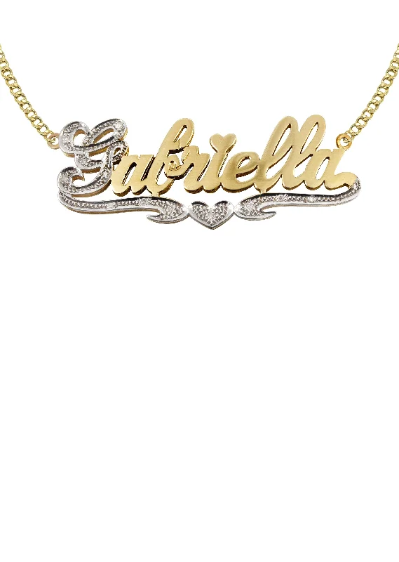 14K Gold  Two Tone Diamond Cut with Diamonds Name Plate Necklace | Appx. 12.1 Grams