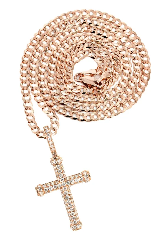 14K Rose Gold Diamond Cross Necklace | 1.28 Carats