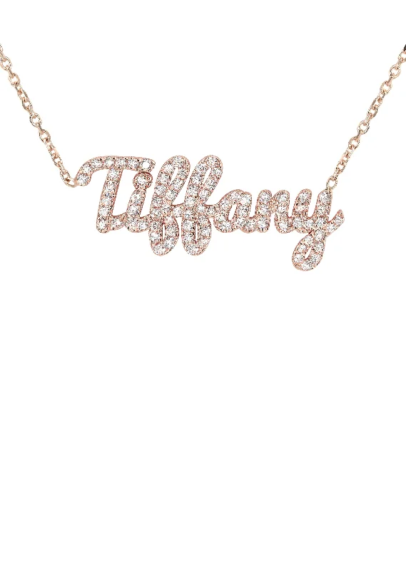 14K Rose Gold  Full Diamond Script Name Plate Necklace | Appx. 1.45 Carat