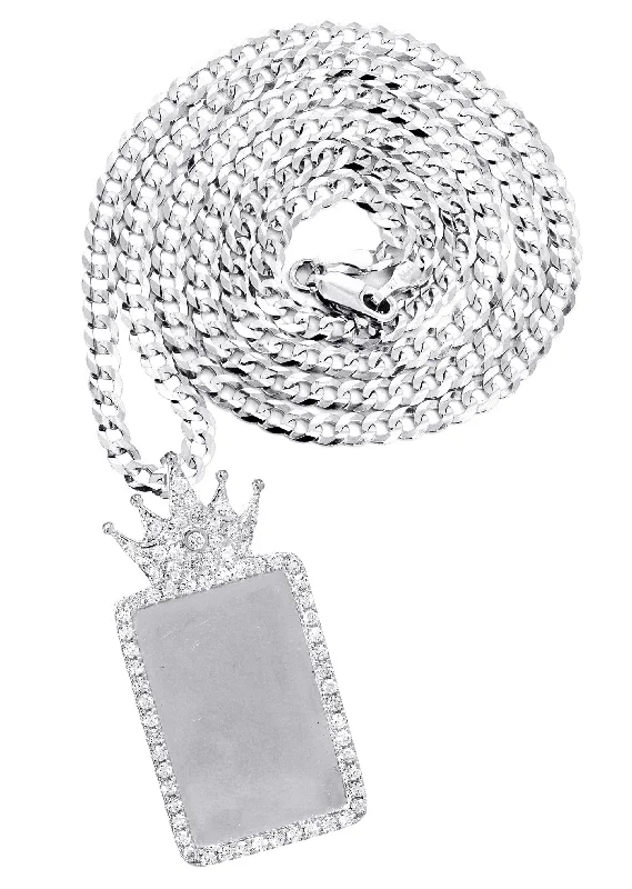 14K White Gold Diamond Crown Dog Tag Picture Pendant Necklace | 1.4 Carats | Appx. 17.2 Grams