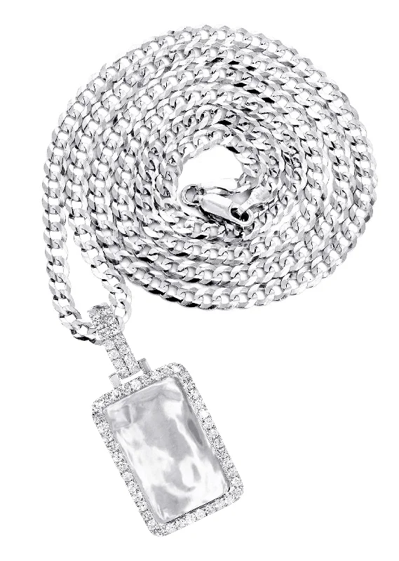 14K White Gold Diamond Dog Tag Picture Pendant Necklace | 1.35 Carats | Appx. 16 Grams