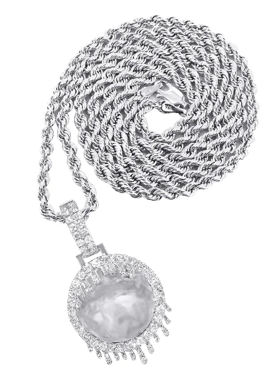 14K White Gold Diamond Round Drip Picture Pendant Necklace | 1.4 Carats | Appx. 16 Grams