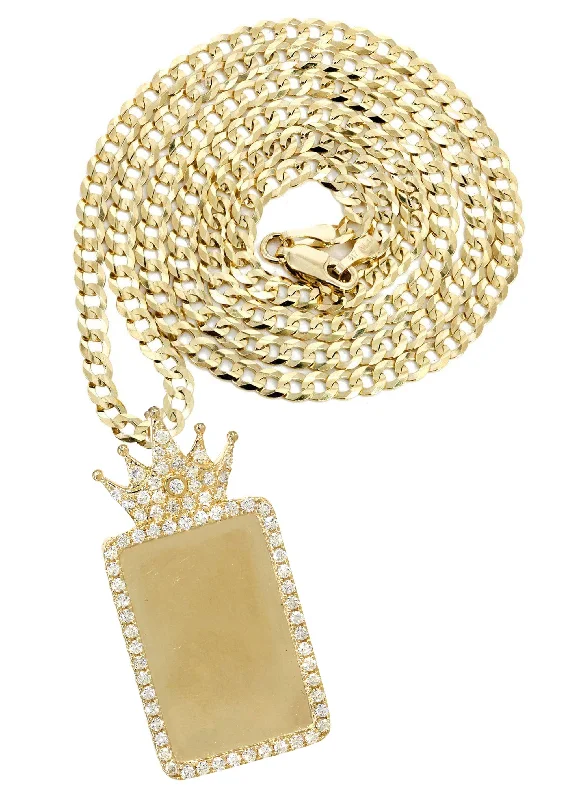 14K Yellow Gold Diamond Crown Dog Tag Picture Pendant Necklace | 1.4 Carats | Appx. 18 Grams