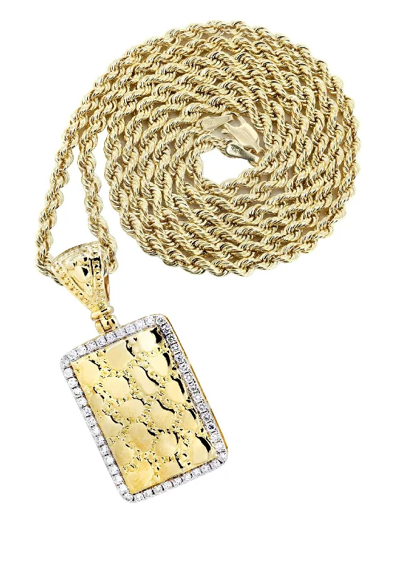 14K Yellow Gold Nugget Dog Tag Diamond Necklace  | 0.6 Carats