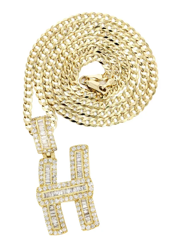 14K Yellow Gold Letter ""H"" Baguette Diamond Necklace | 2.02 Carats