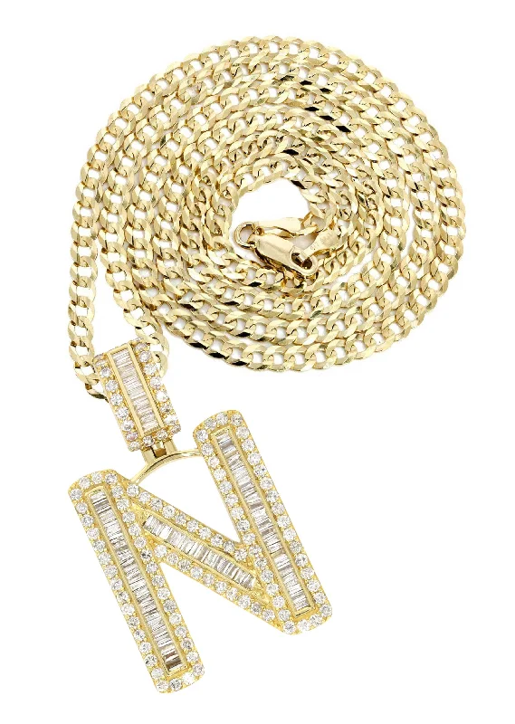 14K Yellow Gold Letter ""N"" Baguette Diamond Necklace | 2.1 Carats