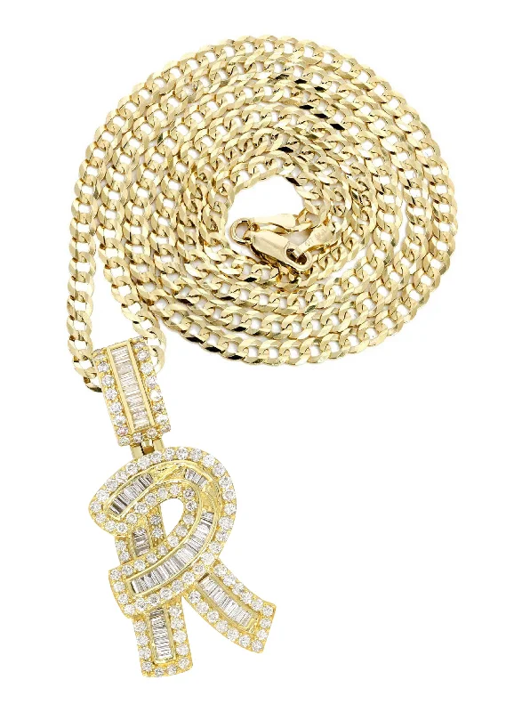 14K Yellow Gold Letter ""R"" Baguette Diamond Necklace | 2.01 Carats