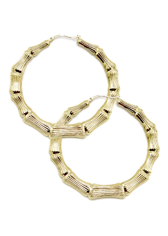 10K Womens Bamboo Gold Hoop Earrings | Customizable Size