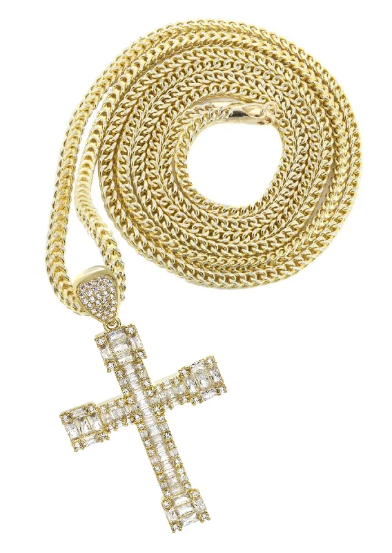 10K Yellow Gold  Baguette Cross Necklace | Appx. 15.6 Grams