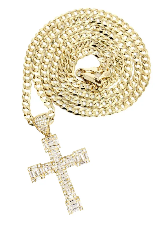 10K Yellow Gold Baguette Cross Necklace | Appx. 14.7 Grams