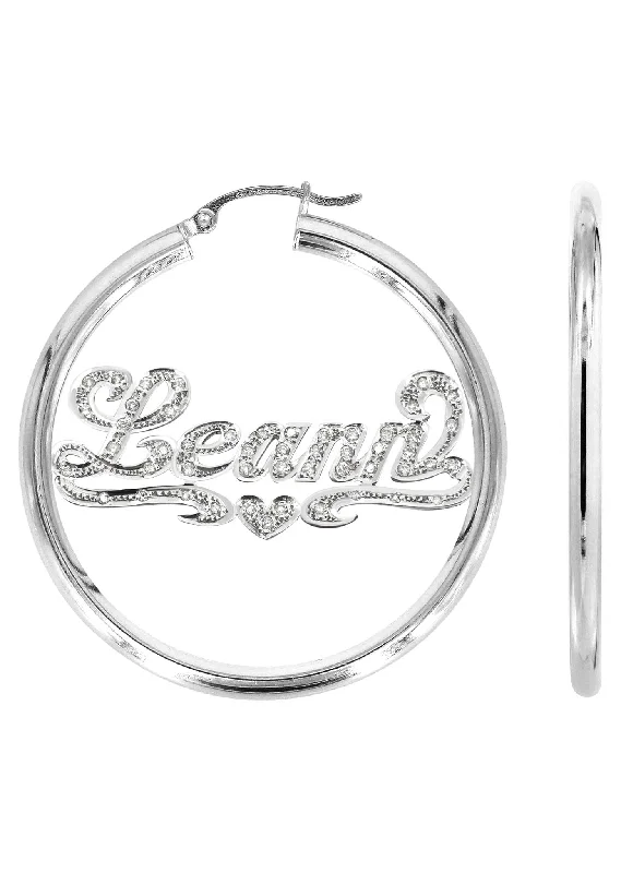 14K Ladies White Gold with Diamonds Name Plate Hoop Earrings