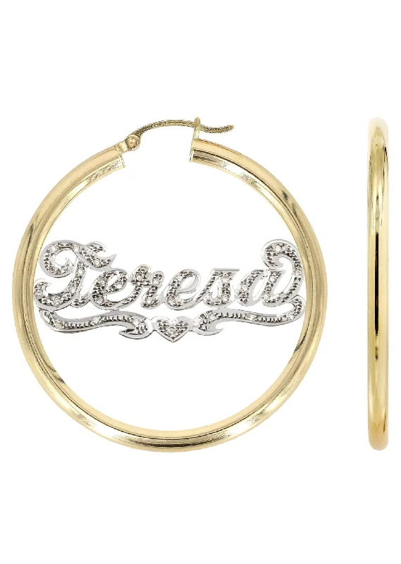 14K Ladies Diamond Cut with Diamonds Name Plate Hoop Earrings