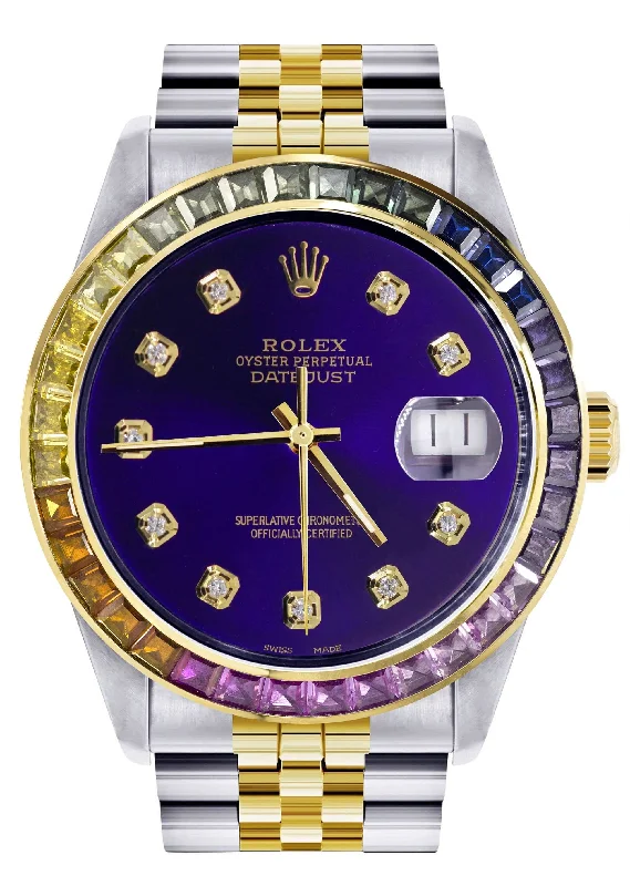 Diamond Gold Rolex Watch For Men 16233 | 36Mm | Rainbow Sapphire Bezel | Royal Blue Dial | Jubilee Band