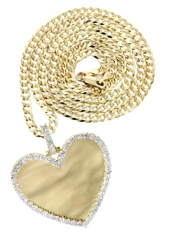 Diamond 10K Yellow Gold Large Heart Picture Pendant Necklace | 2.91 Carats | Appx. 21 Grams