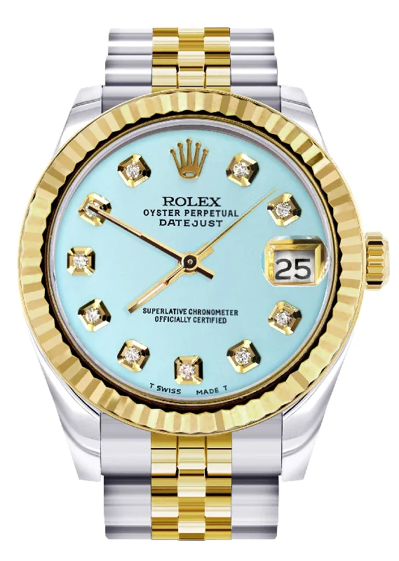 Diamond Gold Rolex Watch | Fluted Bezel | 31MM | Baby Blue Diamond Dial | Jubilee Band