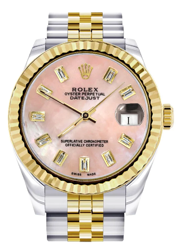 Diamond Gold Rolex Watch | Fluted Bezel | 31MM | Pink Mother of Pearl Diamond Dial | Jubilee Band