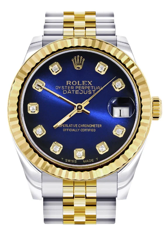 Diamond Gold Rolex Watch | Fluted Bezel | 31MM | Blue Black Diamond Dial | Jubilee Band