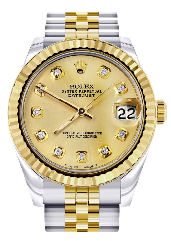 Diamond Gold Rolex Watch | Fluted Bezel | 31MM | Gold Diamond Dial | Jubilee Band