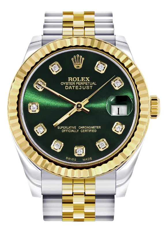 Diamond Gold Rolex Watch | Fluted Bezel | 31MM | Green Diamond Dial | Jubilee Band