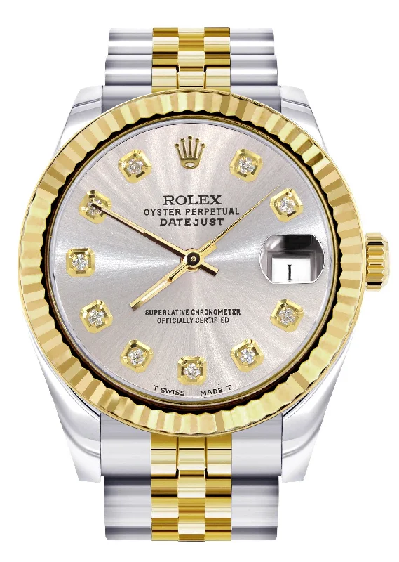 Diamond Gold Rolex Watch | Fluted Bezel | 31MM | Grey Diamond Dial | Jubilee Band