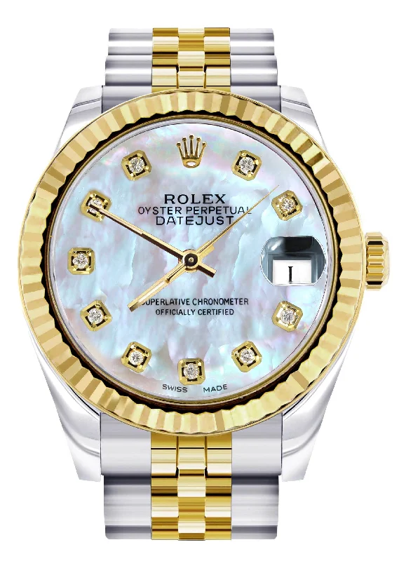 Diamond Gold Rolex Watch | Fluted Bezel | 31MM | Mother of Pearl Diamond Dial | Jubilee Band