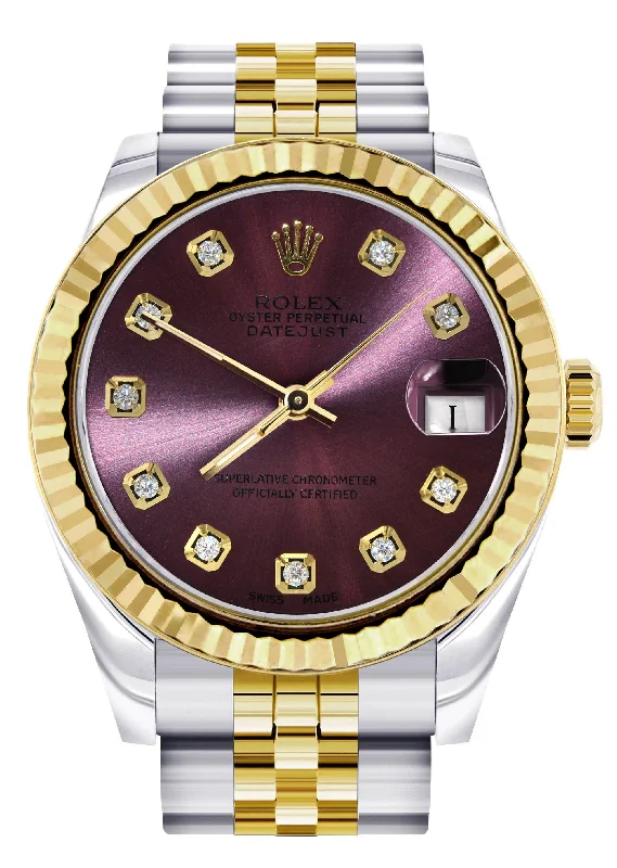 Diamond Gold Rolex Watch | Fluted Bezel | 31MM | Purple Diamond Dial | Jubilee Band