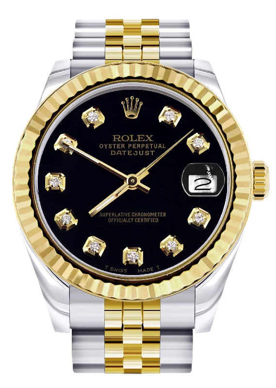 Diamond Gold Rolex Watch | Fluted Bezel | 31MM | Black Diamond Dial | Jubilee Band