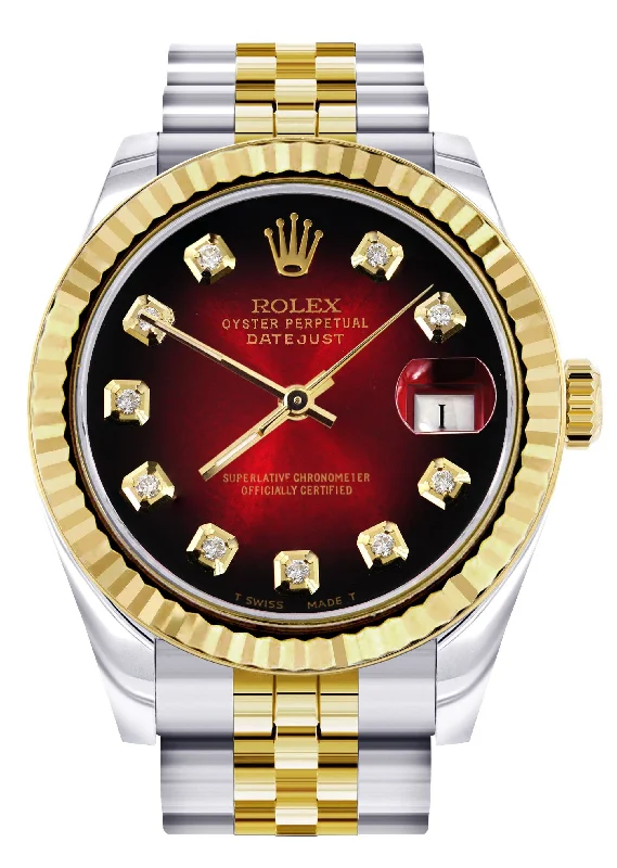 Diamond Gold Rolex Watch | Fluted Bezel | 31MM | Red Black Diamond Dial | Jubilee Band