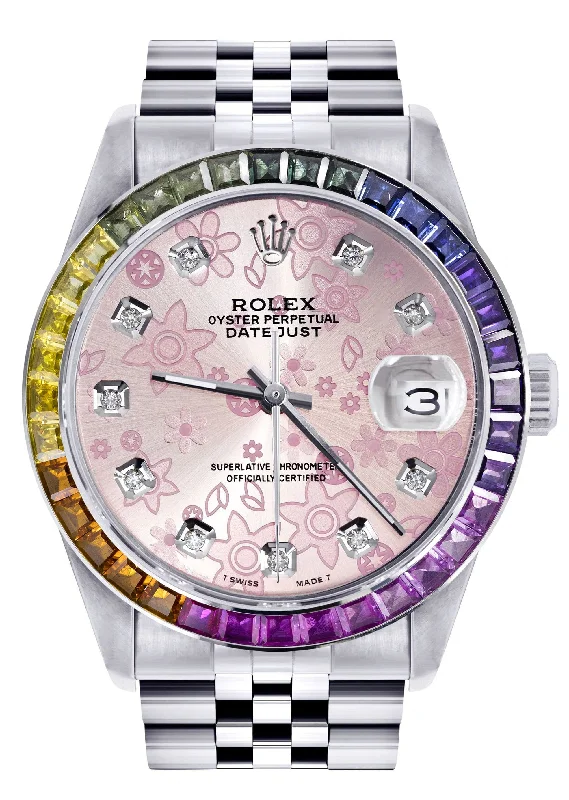 Diamond Gold Rolex Watch For Men 16200 | 36Mm | Rainbow Sapphire Bezel | Pink Flower Pattern Dial | Jubilee Band