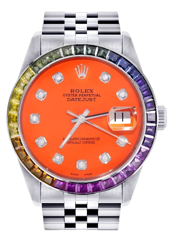 Diamond Gold Rolex Watch For Men 16200 | 36Mm | Rainbow Sapphire Bezel | Orange Dial | Jubilee Band