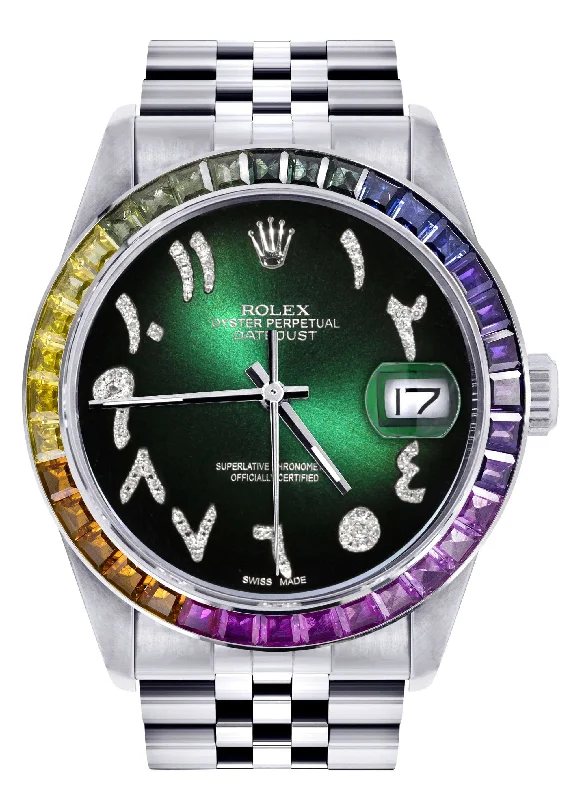 Diamond Gold Rolex Watch For Men 16200 | 36Mm | Rainbow Sapphire Bezel | Green Black Arabic Numeral Dial | Jubilee Band