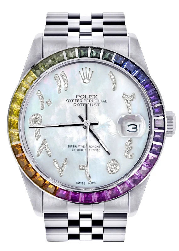 Diamond Gold Rolex Watch For Men 16200 | 36Mm | Rainbow Sapphire Bezel | Mother Of Pearl Arabic Numeral Dial | Jubilee Band