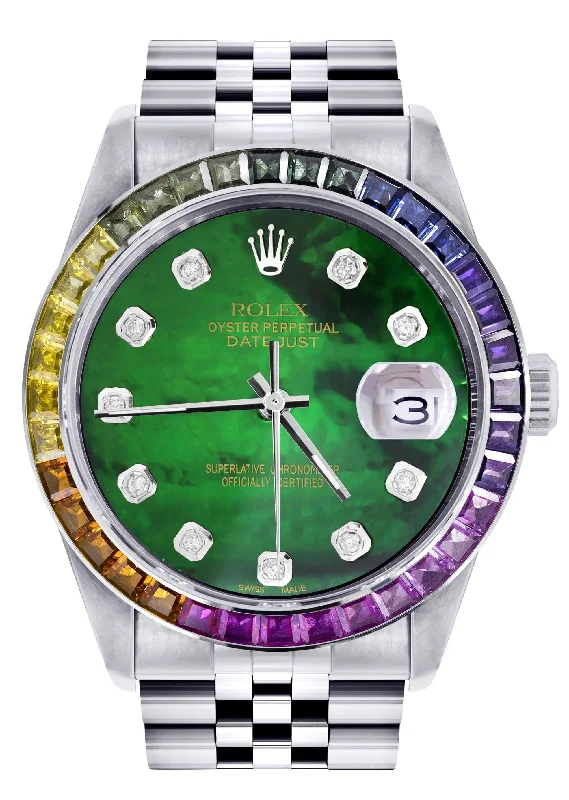 Diamond Gold Rolex Watch For Men 16200 | 36Mm | Rainbow Sapphire Bezel | Green Mother Of Pearl Dial | Jubilee Band